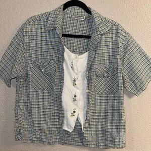 Dress Barn 90’s Blue and White Plaid Blouse with Embroidered Tank
